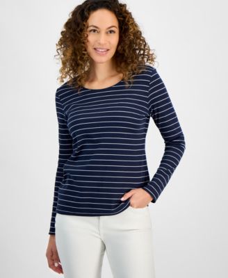 Petite North Stripe Long-Sleeve Scoop-Neckline Top, Exclusively at Macy’s