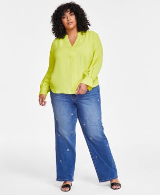 Plus Size Split-Neck Blouson-Sleeve Shirt & Grommet Embellished Wide-Leg Jeans