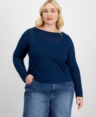 Trendy Plus Size Solid Boat-Neck Long-Sleeve Layered Top, Exclusively at Macy’s