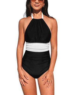 Women’s High Neck Ruched Halter Self Tie Strap One Piece Swimsuit