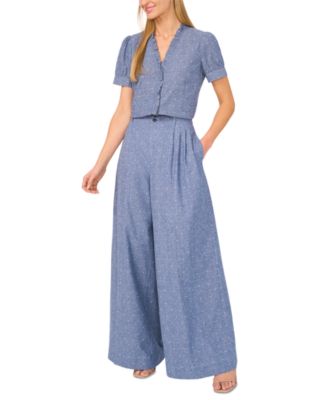 Women’s Cotton V-Neck Short-Sleeve Ruffle-Trim Top & Cotton Pleated Flared Wide-Leg Pants