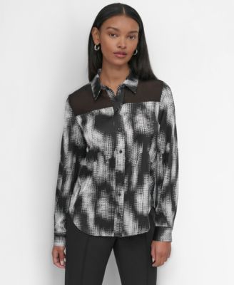 Women’s Sheer-Yoke Abstract-Print Blouse