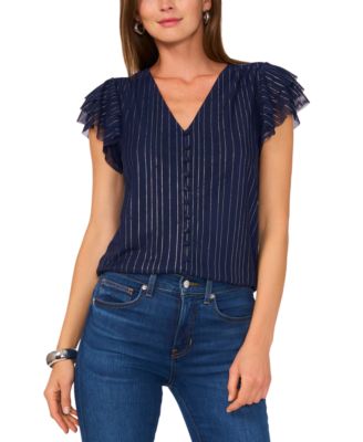 Women’s Metallic-Stripe Flutter-Sleeve Top