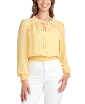 Juniors’ Clip-Dot Ruffle-Neck Smocked Blouse