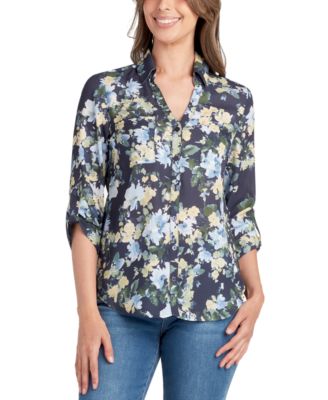 Juniors’ Floral-Print Roll-Tab-Sleeve Collar Top