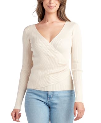 Juniors’ Ribbed Faux-Wrap Long-Sleeve Sweater