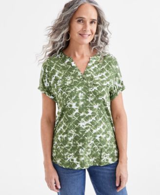 Petite Ocean Dye Knit Short-Sleeve Camp Shirt, Exclusively at Macy’s