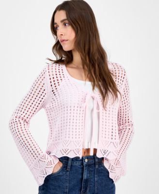 Juniors’ Tie-Front Crochet Cardigan Sweater