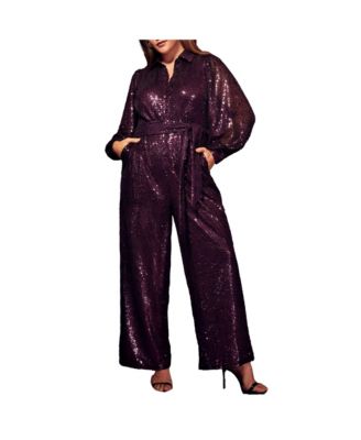 Plus Size Sequin Jumpsuit With Collar