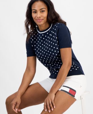 Women’s Short-Sleeve Cotton Polka Dot Sweater