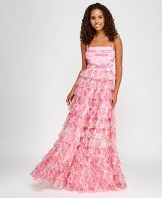 Juniors’ Floral Ruffle-Tiered Straight-Neck Gown, Created for Macy’s