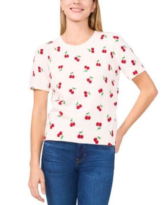 Women’s Cherry-Print Short-Sleeve Cotton Crewneck Sweater