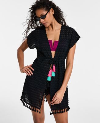 Juniors’ Crochet Tassel-Trimmed Tie-Front Kimono Cover-Up, Exclusively at Macy’s