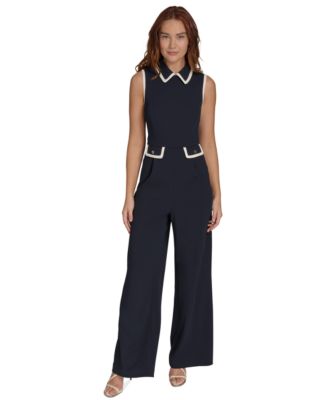 Women’s Collared Contrast-Trim Sleeveless Straight-Leg Jumpsuit