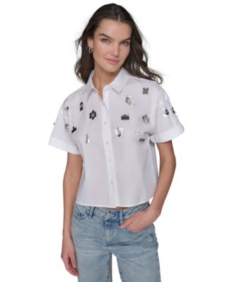 Petite Cotton Button-Front Embellished Shirt