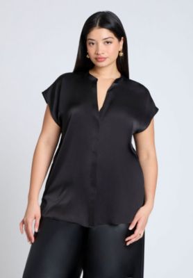 Plus Size Satin Notch Collar Blouse