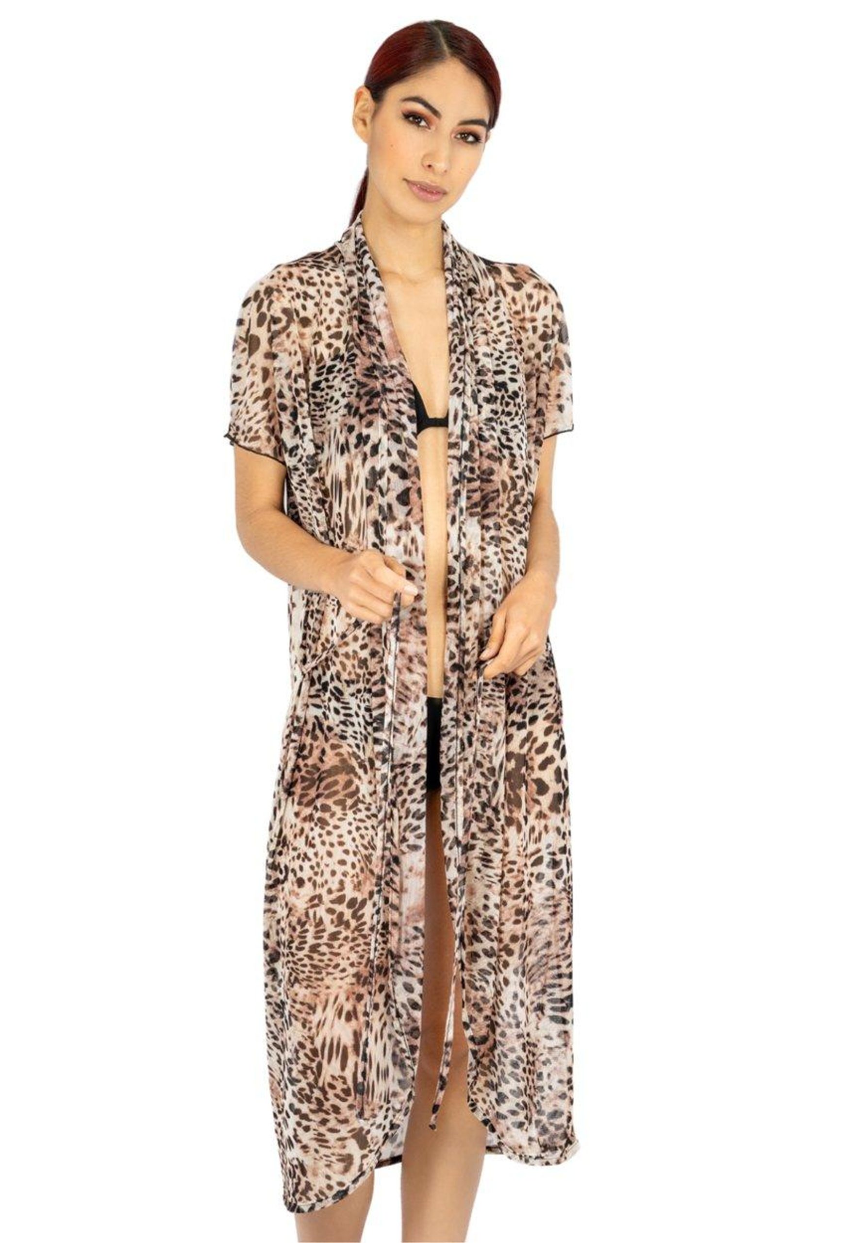 Womens Animal Print Mesh Long Duster Cover Up with Tie Belt