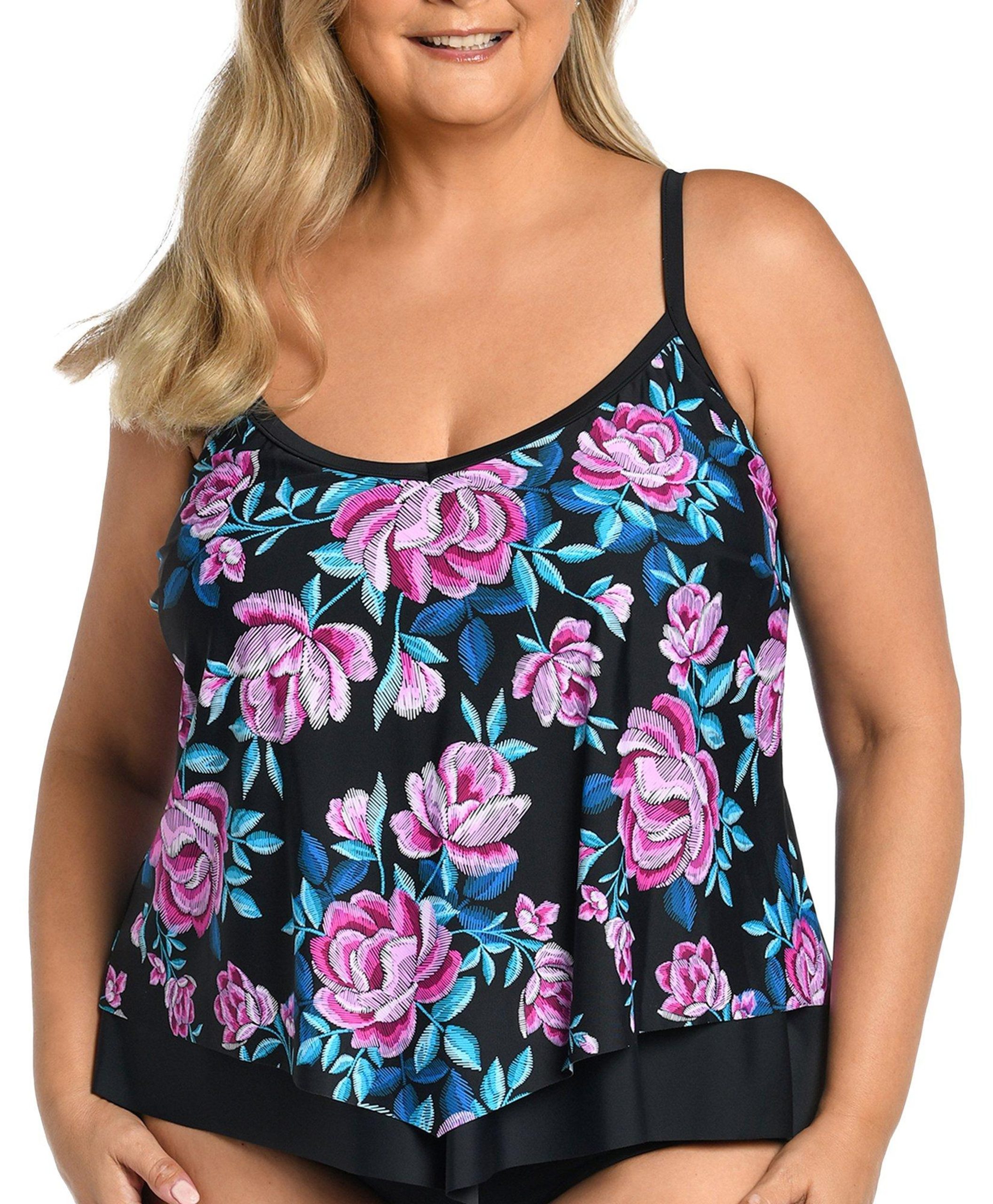 Plus Midnight Orchid Flutter Hem Tankini Top