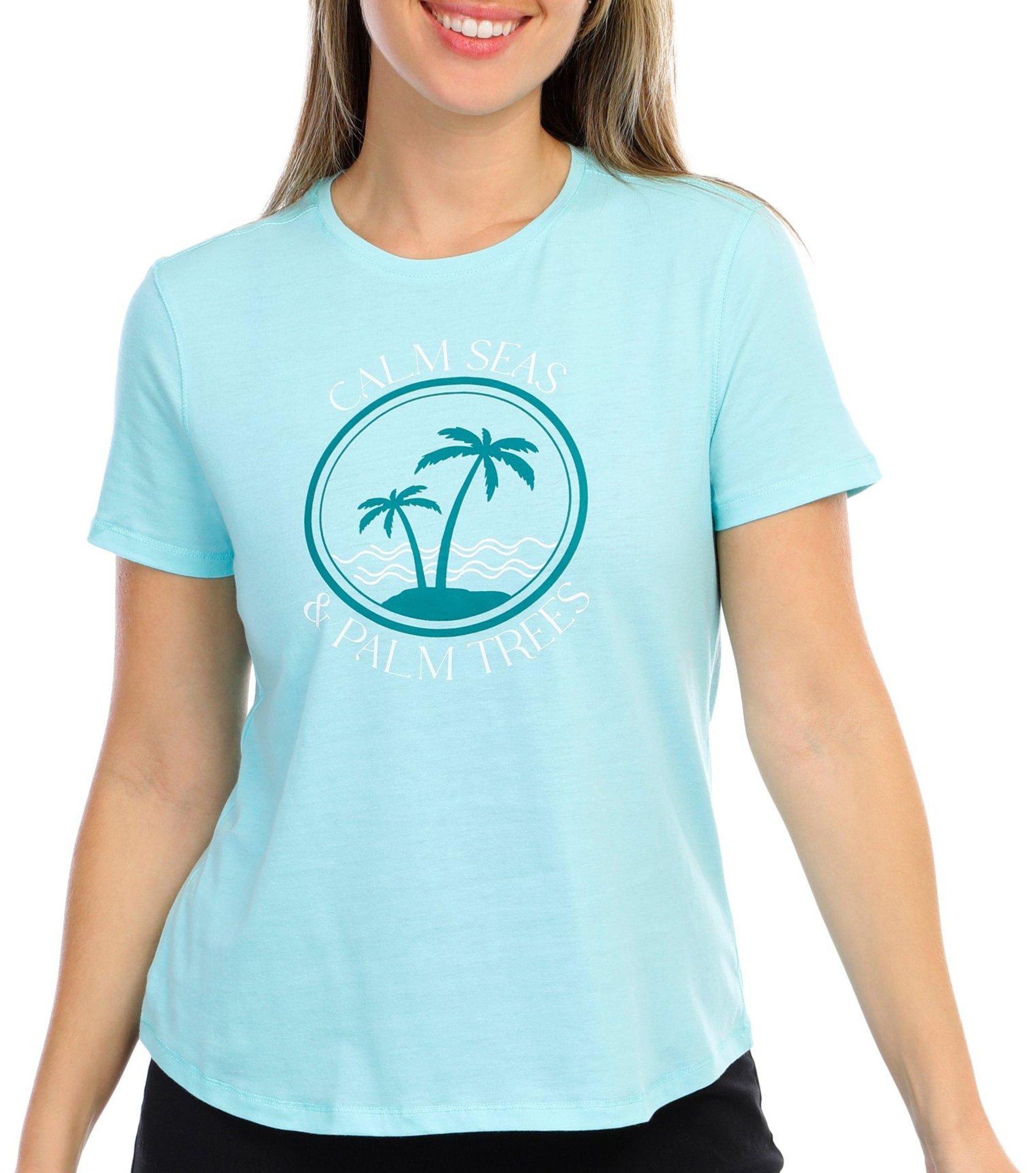 Reel Legends Womens Palm Trees Print Short Sleeve Tee