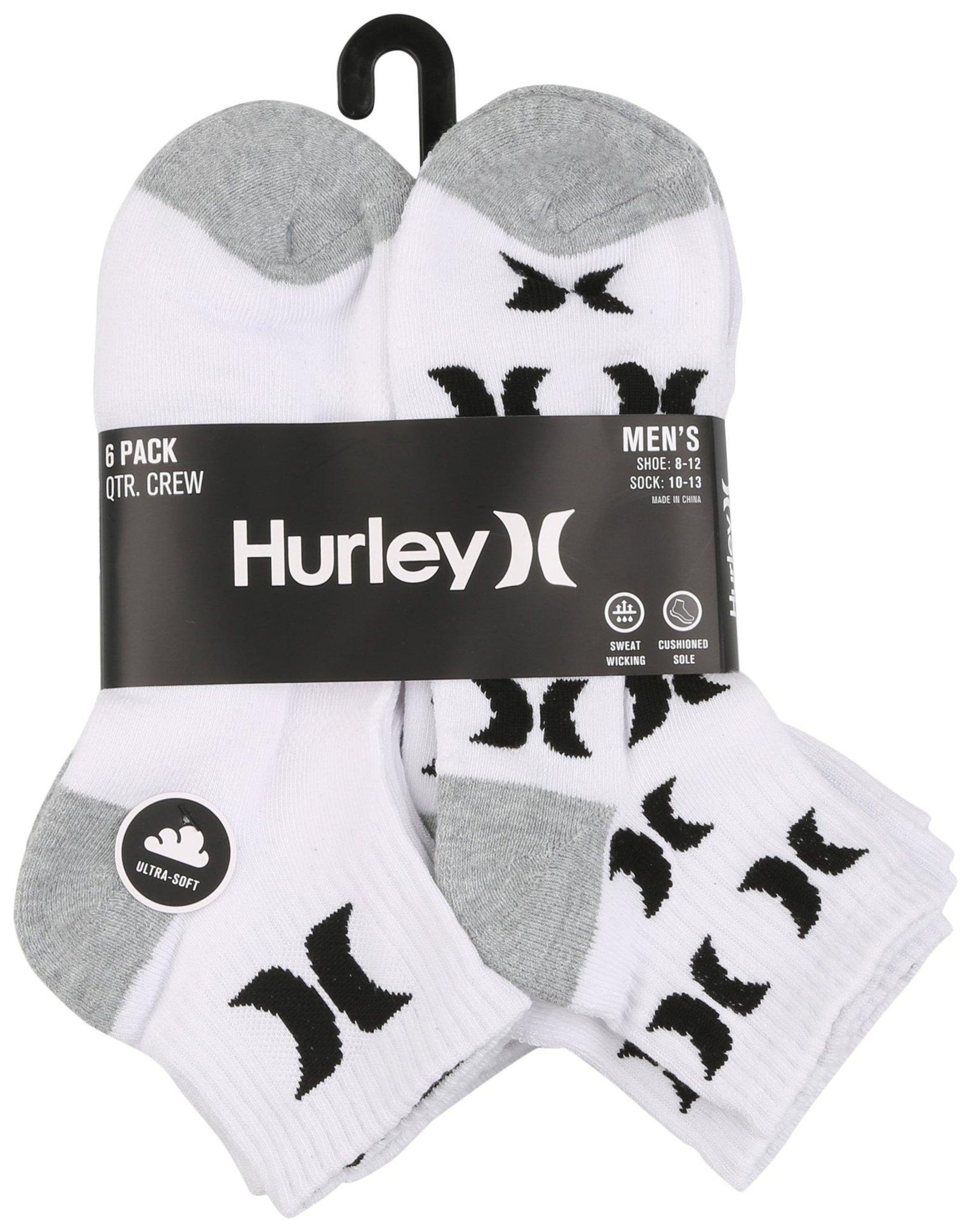 Hurley Mens 6-Pr. Logo Poly Blend Quarter Crew Socks