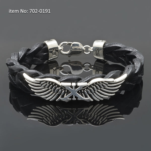 Axion Sterling Silver/ Black Leather Wing Bracelet